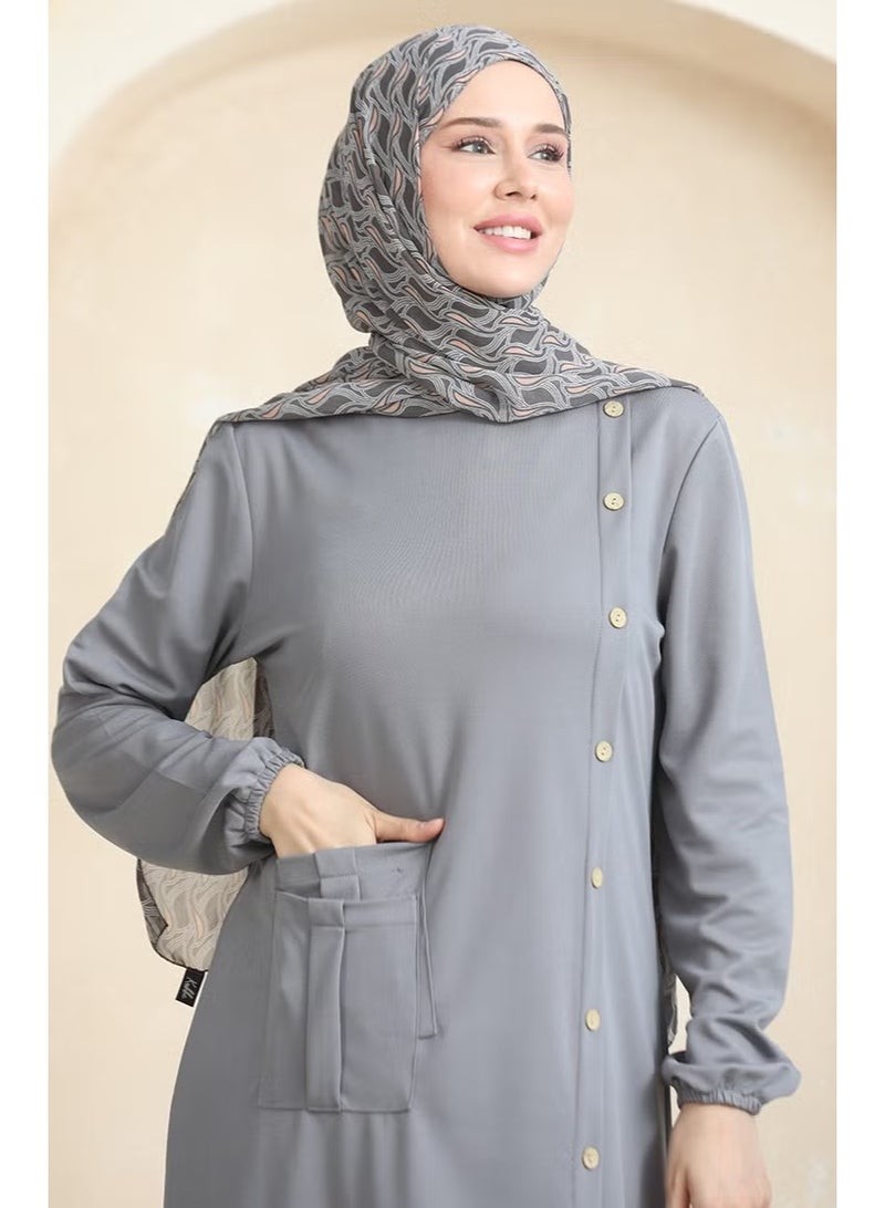 Sefa Merve Buttoned Pocket Dress 3029-01 Gray - Image 4